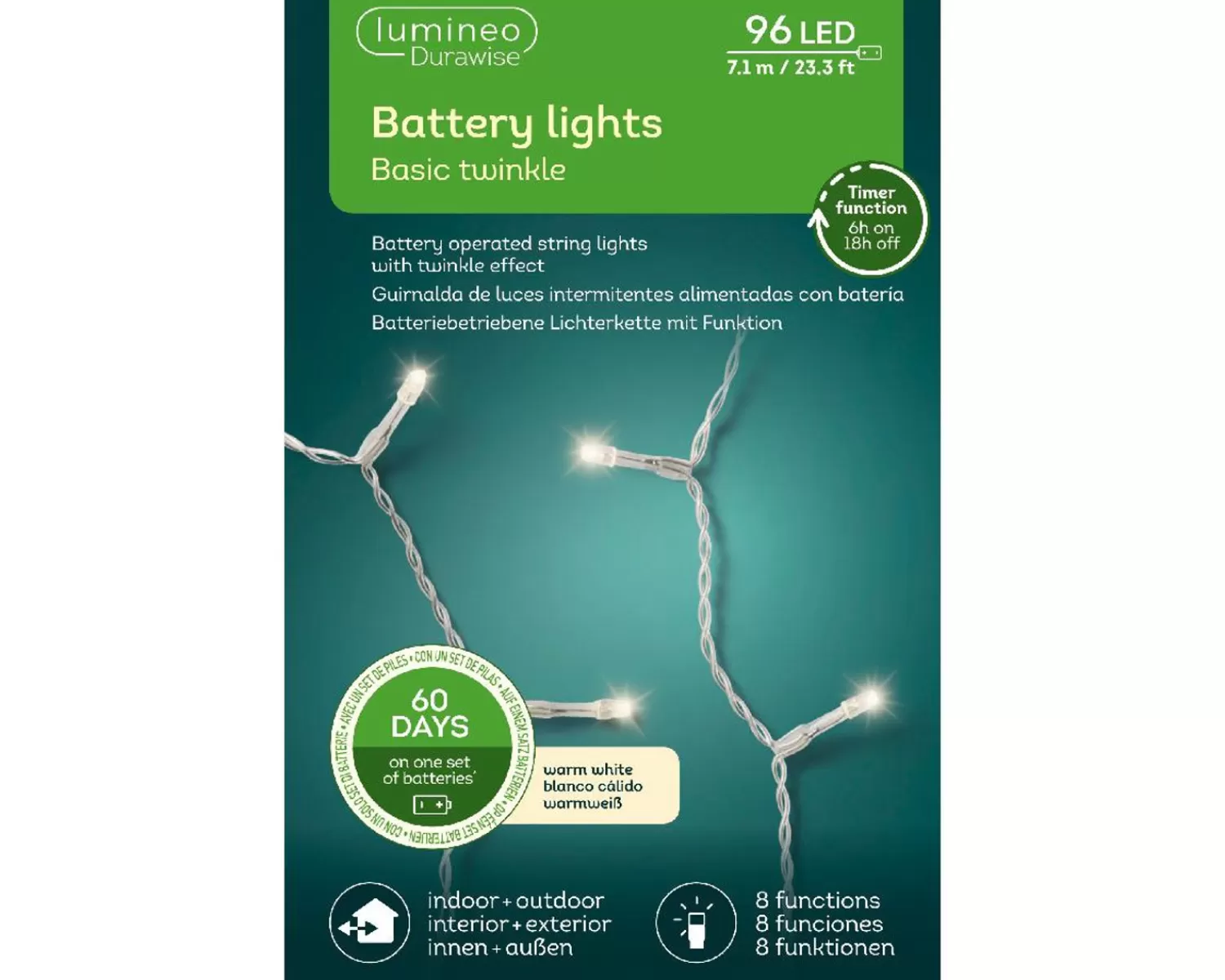 New Treetime LED Battery Operated Warm White 23ft. Light Set With Translucent Wire